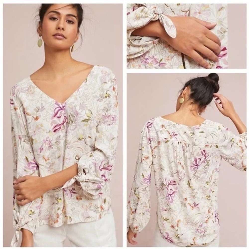 Maeve Anthropologie Floral V-Neck Blouse Tie Cuff Sleeve Purple Orange Small